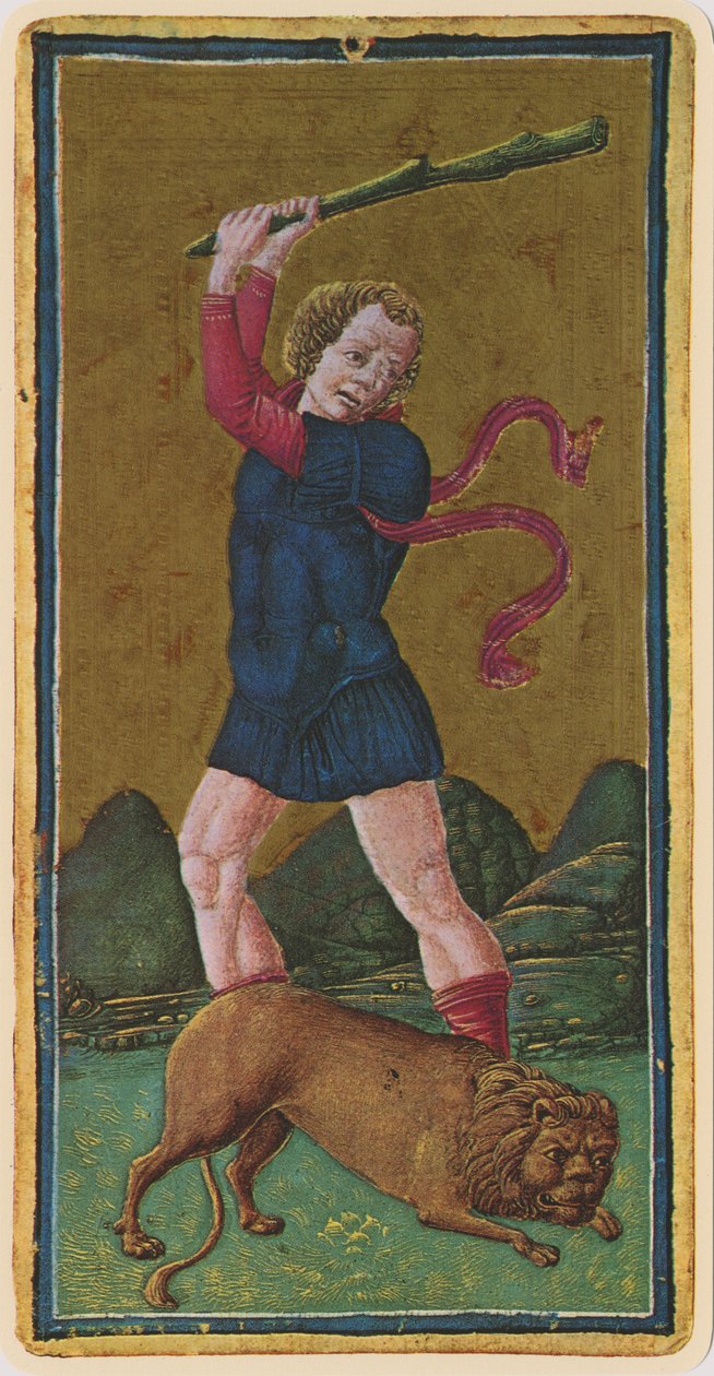 Vahvuus, tarot-kortin faksimile Visconti-pakasta, 1441-47 tekijältä Antonio Cicognara