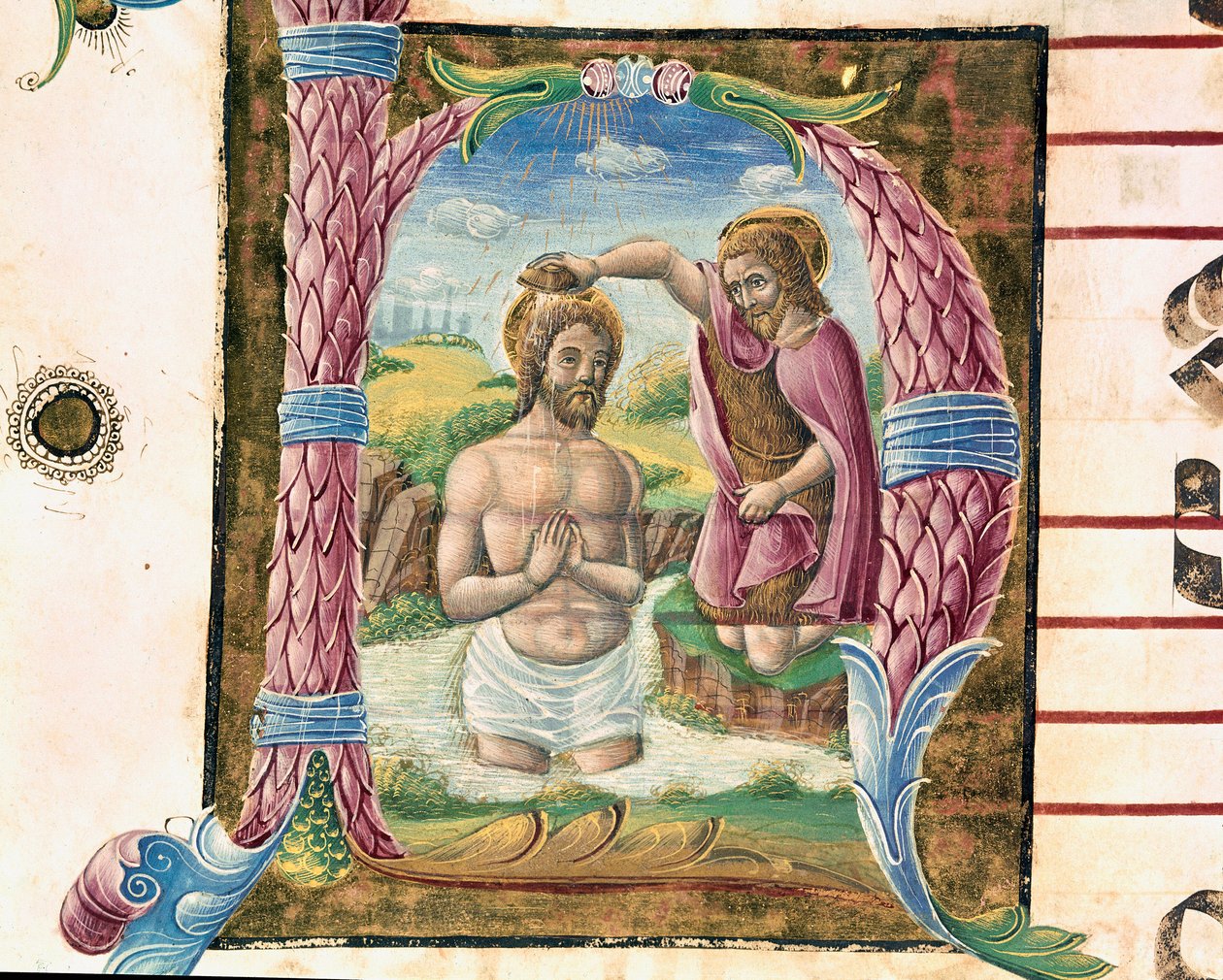 Antonio Cicognarin valaisema Lettrine Kristuksen kaste. Antifonian yksityiskohta. 1483. Cremone, kuoro 4, tuomiokirkkokapituli tekijältä Antonio Cicognara