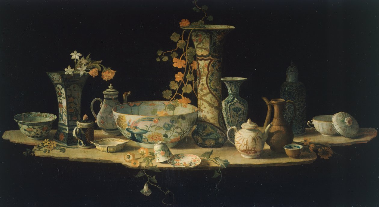 Valmisteleva maalaus kovakivipöytälevyyn posliinimaljakoineen, n. 1875, Antonio Cioci (1722-1792), öljy kankaalle. tekijältä Antonio Cioci or Ciocchi