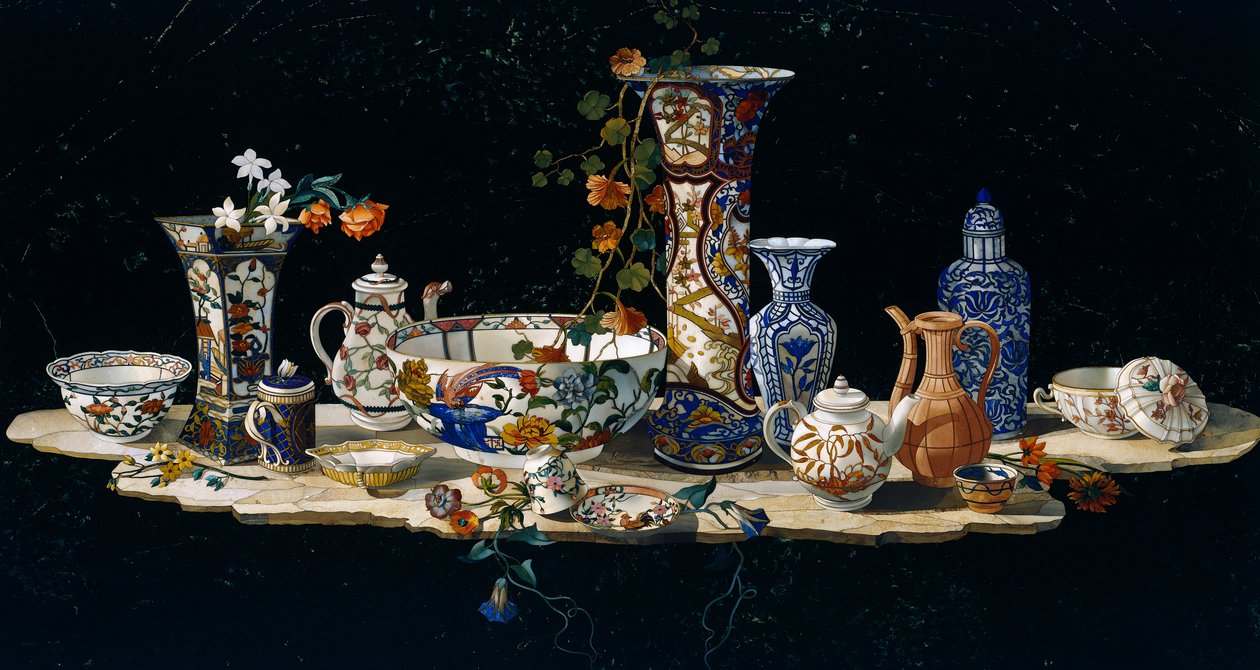 Pöytälevy posliinimaljakoineen, n. 1797, puolijalokivestä valmistettu mosaiikki marmorilla, luotu Firenzen suurherttuan työpajoissa Antonio Ciocin mallista (toimii 1700-luvun jälkipuoliskolla), Italia, italialainen kulttuuri tekijältä Antonio Cioci or Ciocchi