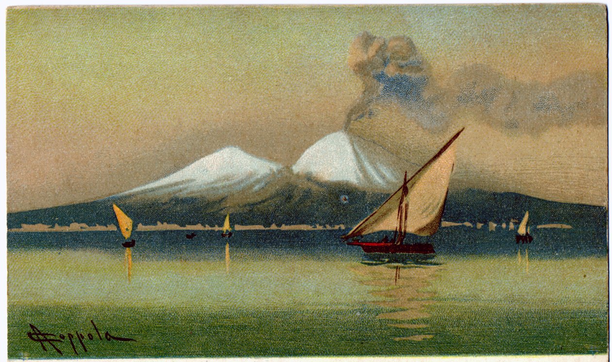 Maantiede. Vesuvius-tulivuori ja Napolinlahti. Kuvitus: A. Coppola, Italia, n. 1920 (postikortti) tekijältä Antonio Coppola