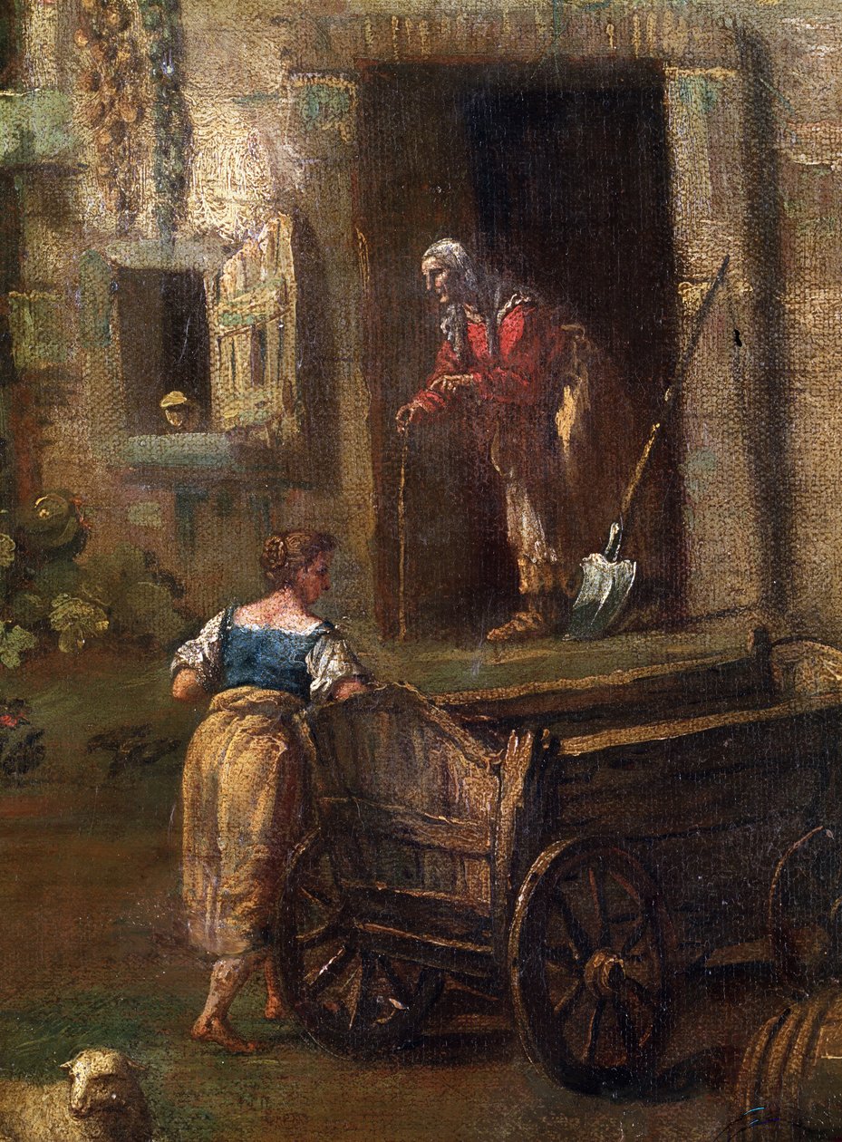 ""Italian maisema"" (Italialainen maisema) Maalaistalo Italian maaseudulla, yksityiskohta, joka edustaa vanhaa talonpoikanaista. Antonio Dizianin (1737-1797) maalaus 1700-luvun Mikalojus Konstantinas Ciurlionisin taidemuseo, Kaunas, Liettua tekijältä Antonio Diziani