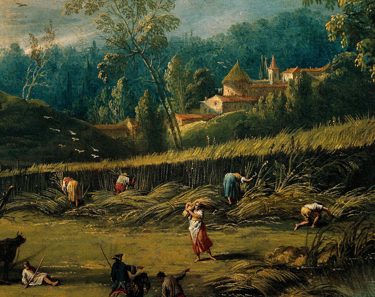 Sadonkorjuu, yksityiskohta kesästä, Antonio Diziani (1737-1797), maalaus. tekijältä Antonio Diziani