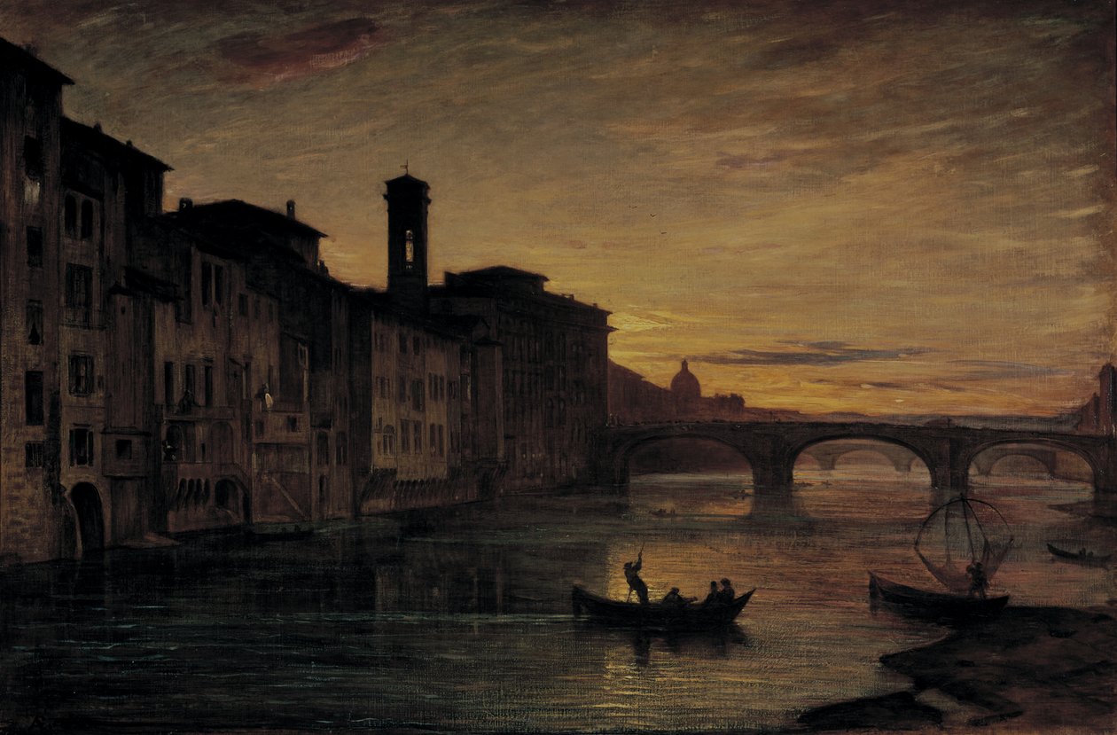 Arno-joki Ponte Santa Trinitassa, n. 1866 (öljy kankaalle) tekijältä Antonio Fontanesi