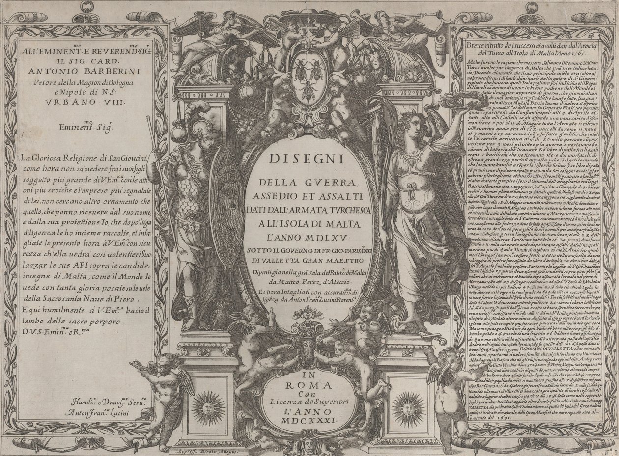 Frontispiece piirustuksiin sodasta, piirityksestä ja Turkin armeijan hyökkäyksestä saarelle..., 1631. tekijältä Antonio Francesco Lucini