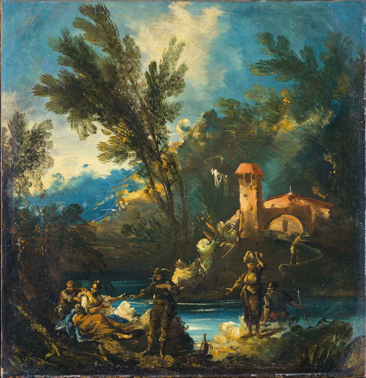 Metsäinen jokimaisema, jossa on hahmoja tekijältä Antonio Francesco Peruzzini