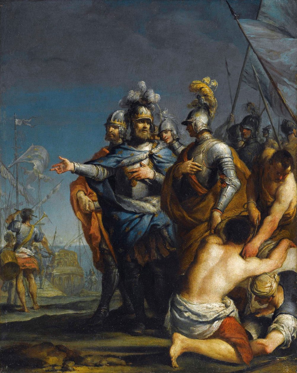 Saint Louis lähtee ristiretkelle Antonio Gionima (1697-1732) - Öljy kuparille, 45x35,8 - Yksityiskokoelma tekijältä Antonio Gionima