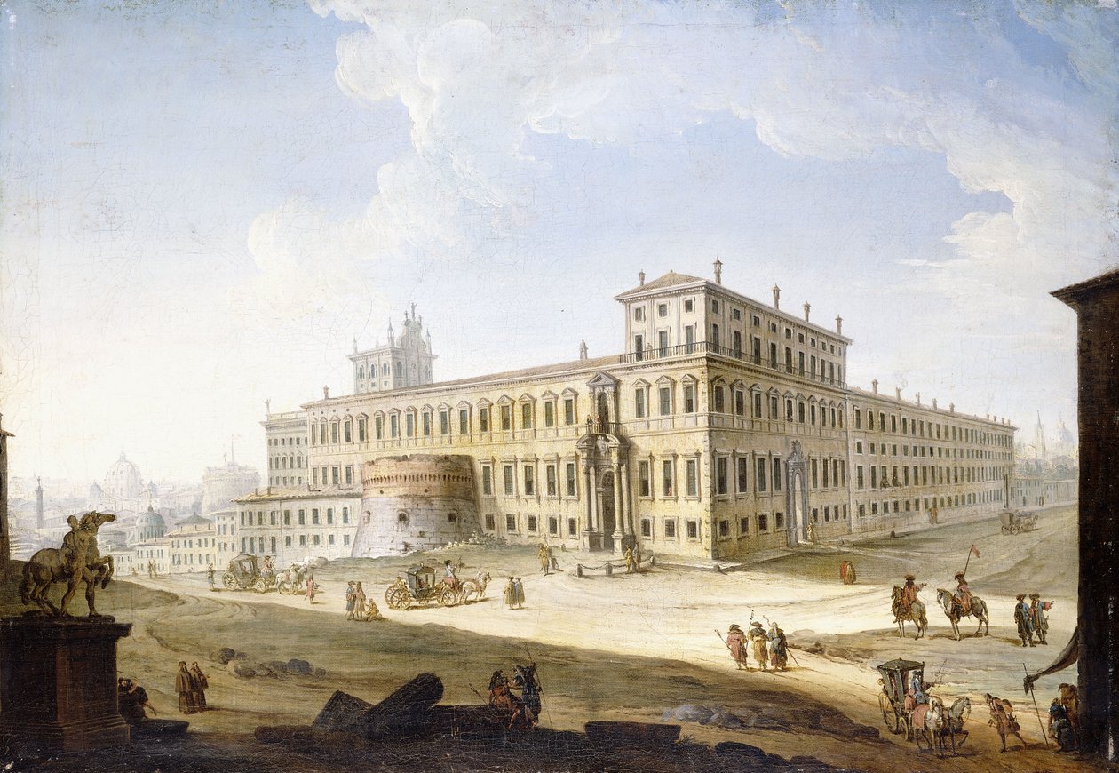 Piazza del Quirinale, jonka takana on Castel Sant "Angelo ja Pyhä Pietari", tekijältä Antonio Joli