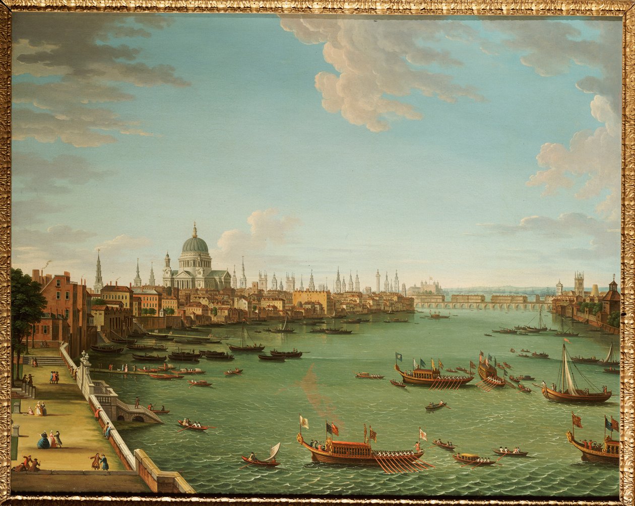 Thames Somerset Housen terassilta, kaupunkia kohti, n. 1745 tekijältä Antonio Joli