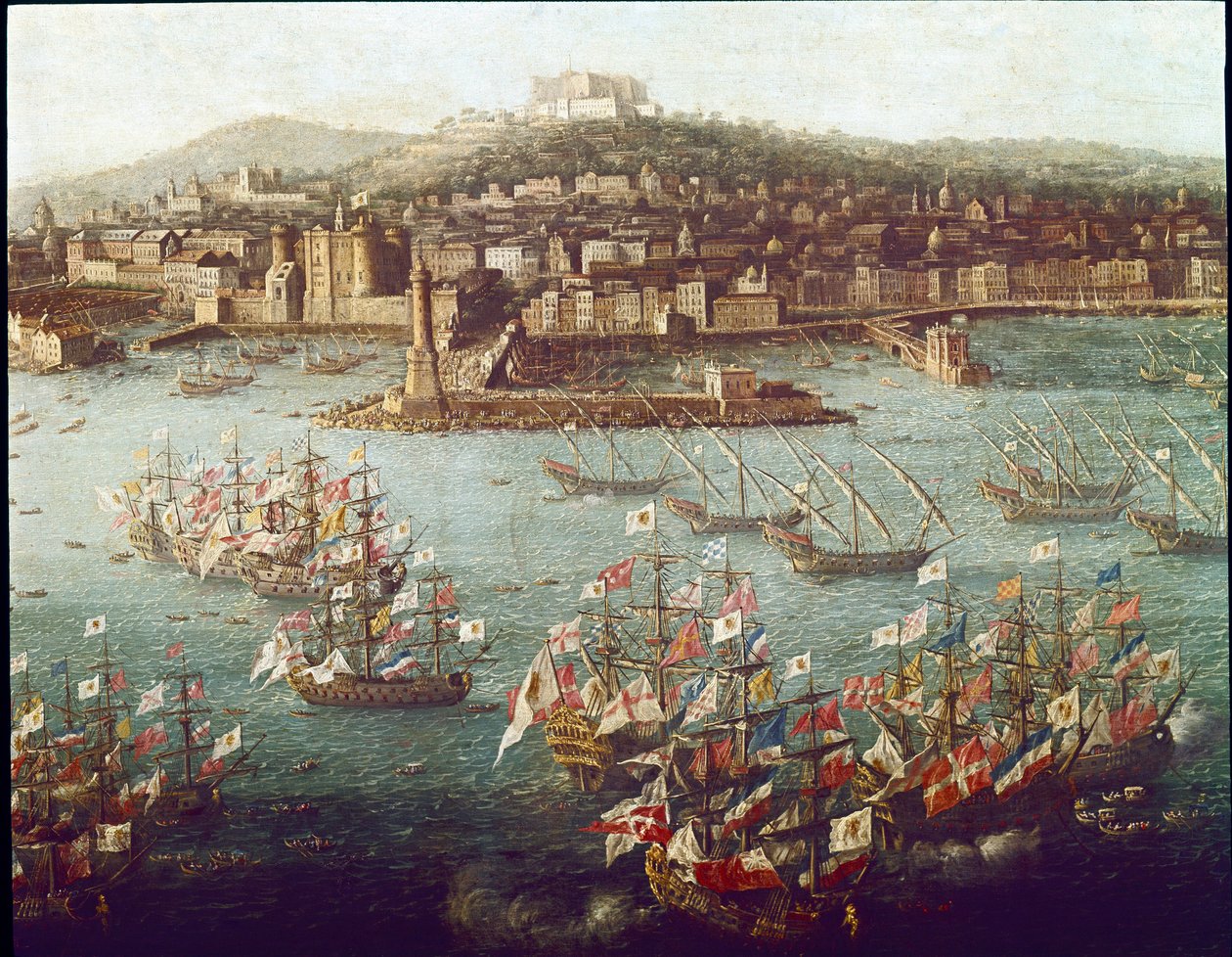 Kaarle III:n laivaanlähtö Napolin satamassa Espanjaan, 10.6.1759 (maalaus, noin 1759) tekijältä Antonio Joli