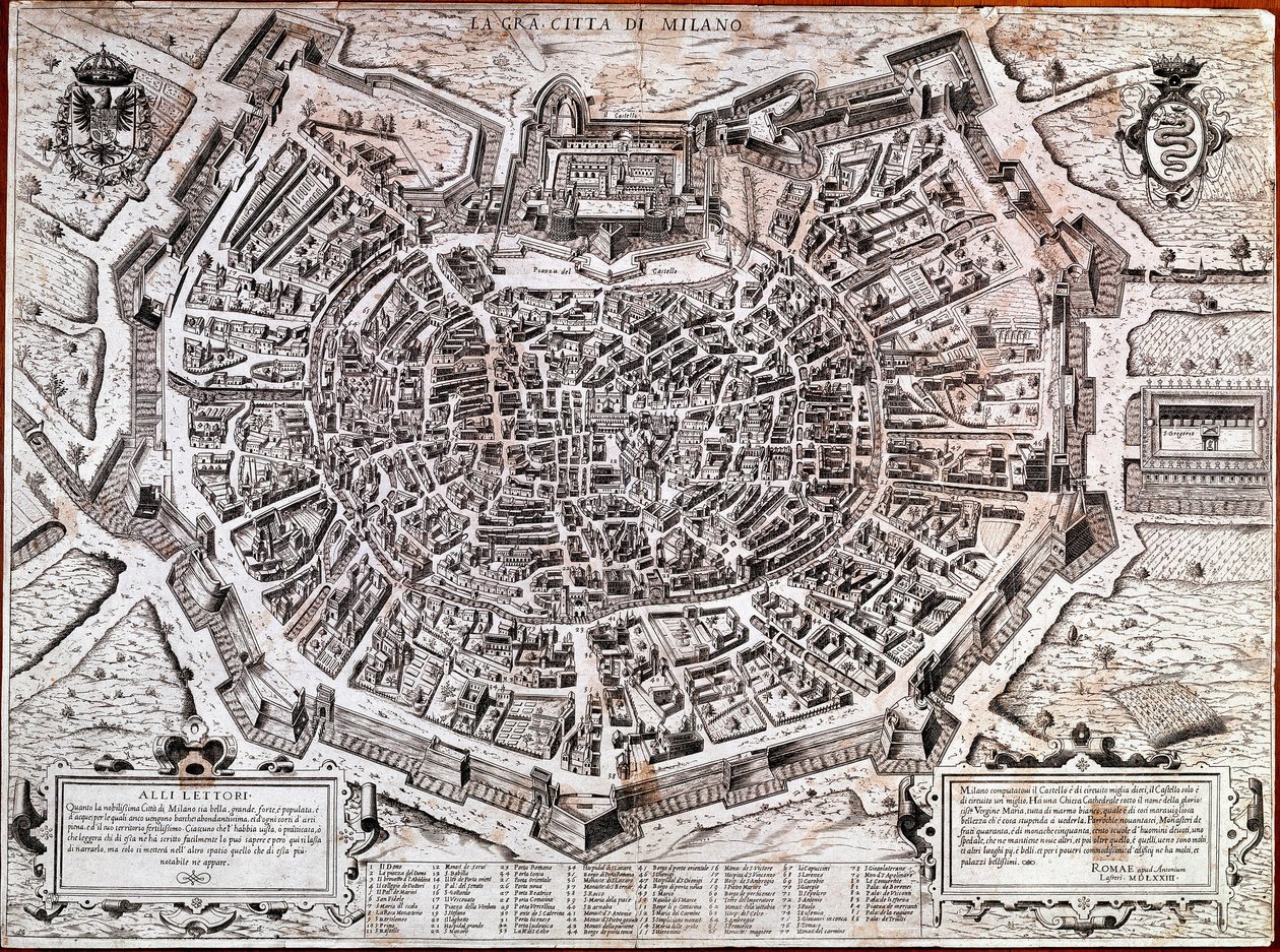Milanon kaupunkikartta, jonka toimitti Antonio Lafreri (Lafrery tai Lanfrerius) (1512-1577) vuonna 1573. Tämä on kaupungin vanhin kartta. Milano, Milanon museo - Milanon kartta. Kaupungin vanhin kartta vuodelta 1573, toimittanut Antonio Lafreri. Italia, Mi tekijältä Antonio Lafreri
