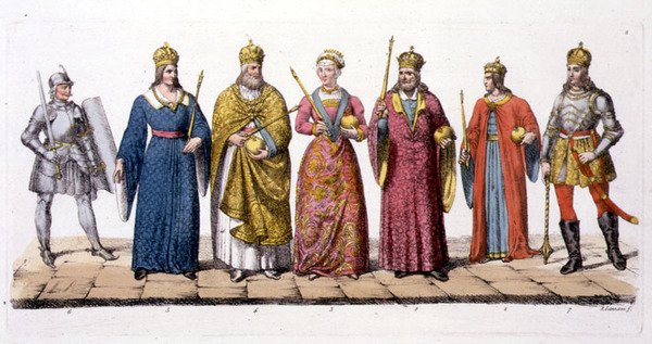 Unkarin johtajat ja kuninkaat, Jules Ferrarion "Le Costume Ancien et Moderne", julkaistu noin 1820-30-luvulla (värilitho) tekijältä Antonio Lanzani