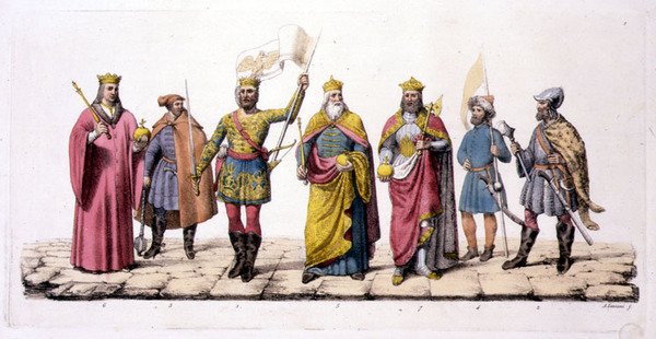 Unkarin johtajat ja kuninkaat, Jules Ferrarion "Le Costume Ancien et Moderne", julkaistu noin 1820-30-luvulla (värilitho) tekijältä Antonio Lanzani