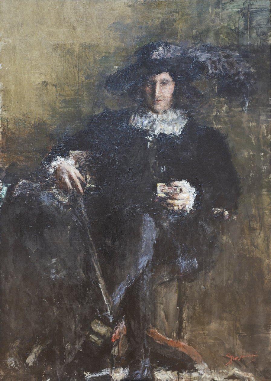 Istuva muskettisoturi, noin 1920 (öljy kankaalle) tekijältä Antonio Mancini
