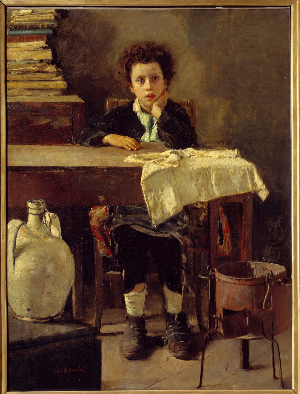Pieni koulupoika tai köyhä koulupoika Antonio Mancinin (1852-1930) maalaus 1800-luvun aurinko. 1,3x0,97 m Pariisi, Musee d