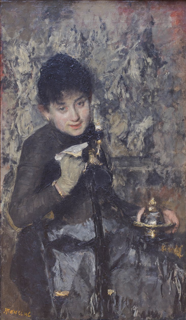 Nainen mustekynän kanssa, noin 1875 (öljy kankaalle). tekijältä Antonio Mancini