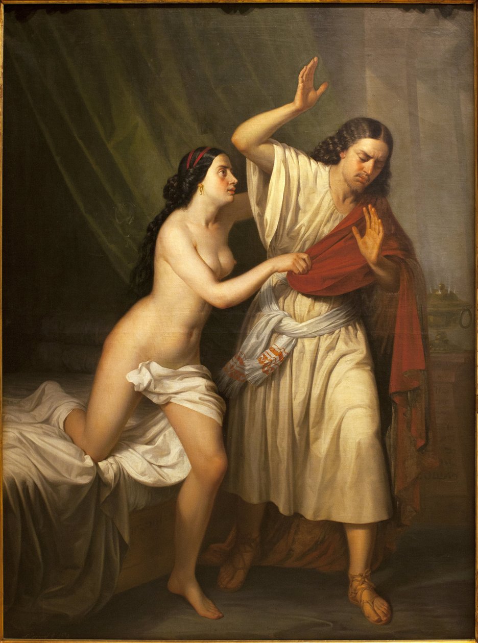 Joosef ja Putifarin (Potifarin) vaimo. Antonio Esquivelin (1806-1857) maalaus öljy kankaalle tekijältä Antonio María Esquivel y Suárez de Urbina