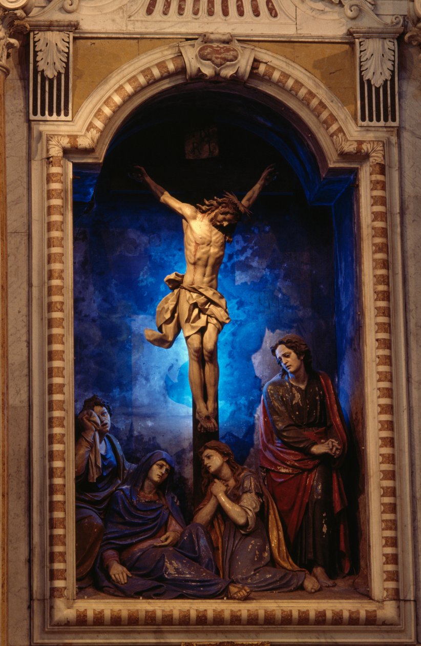 Ristiinnaulitseminen, Anton Maria Maragliano (1664-1739), Krusifiksi kappeli, Acquasantan Neitsyt Marian pyhäkkö, Acquasanta, Genova, Liguria, Italia tekijältä Antonio Maria Maragliano