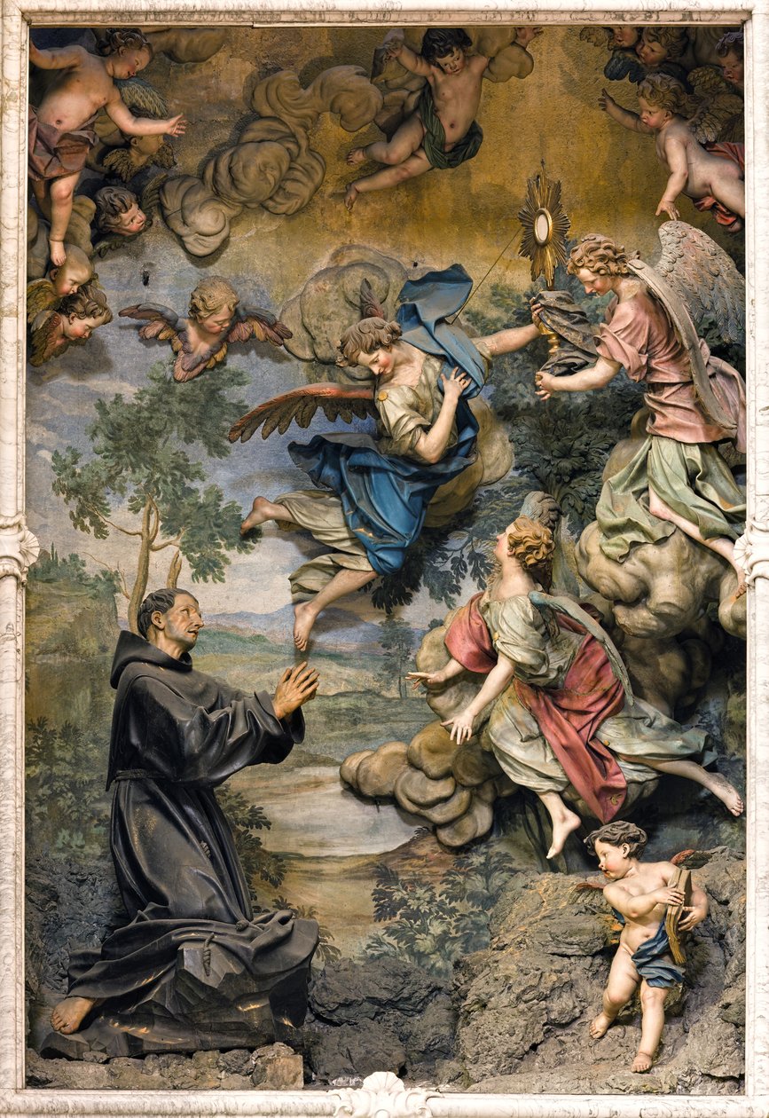 San Pasquale Baylon palvonnassa (fresko veistetylle puulle) tekijältä Antonio Maria Maragliano