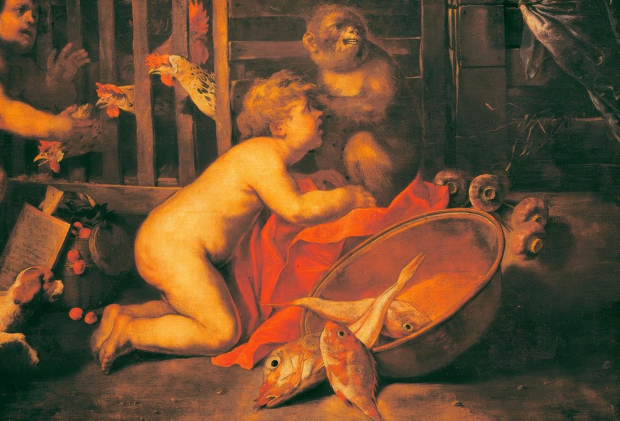 Putti, Affe und Schüssel mit Fischen tekijältä Antonio Maria Vassallo