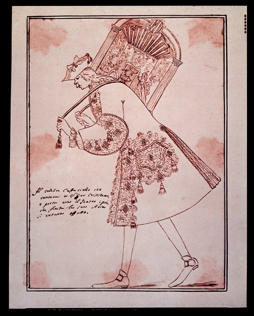 Gaetano Majoranan muotokuva nimeltä Caffarelli (tai Cafarello tai G Affariello) (1710-1783) Italialainen castrato (castrat), joka kuljettaa pois San Giovanni Grisostomon teatterin Anton Maria Zanettin (1680-1767) sarjakuva. 1700-luvulla. Yksityinen kokoelm tekijältä Antonio Maria Zanetti