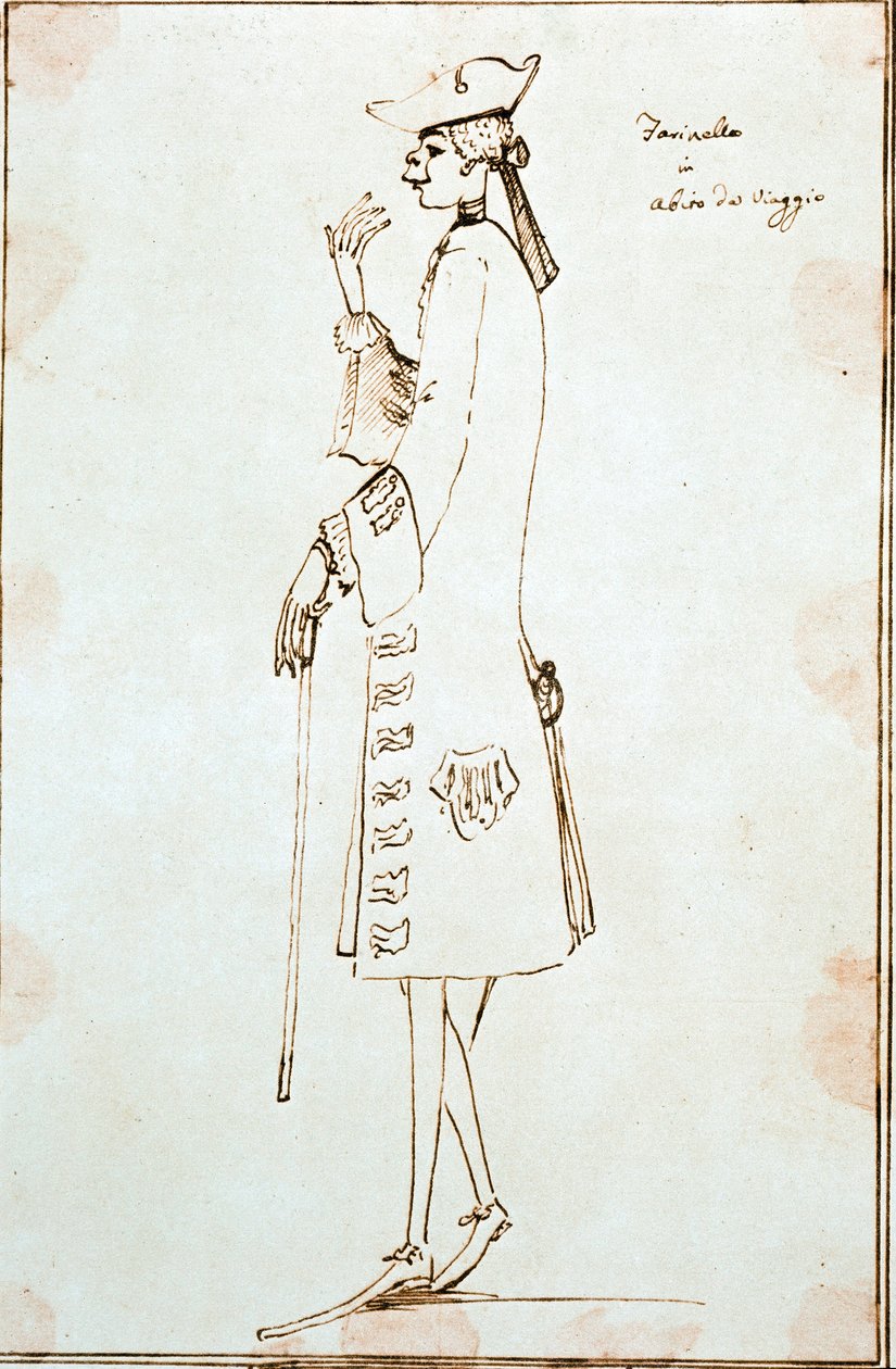 Muotokuva kastroidusta laulaja Carlo Broschi dit Farinellista (1705-1782) edustaa hänen matkaansa Venetsiaan esittämään Tommaso Albinonin La Didone abandonnata ””” noin 1725. Piirustus Anton Maria Zanetti (1680-1767) Venice Fondazione Cini tekijältä Antonio Maria Zanetti