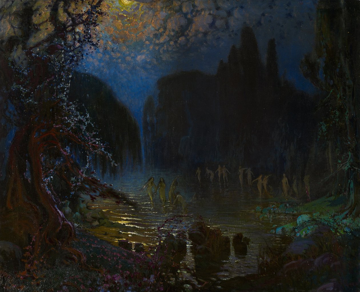 Nymfien kylpeminen - Munoz Degrain, Antonio (1840-1924) - n. 1915 - Öljy kankaalle - 76,5x93,5 - Museo Carmen Thyssen, Málaga tekijältä Antonio Munoz Degrain