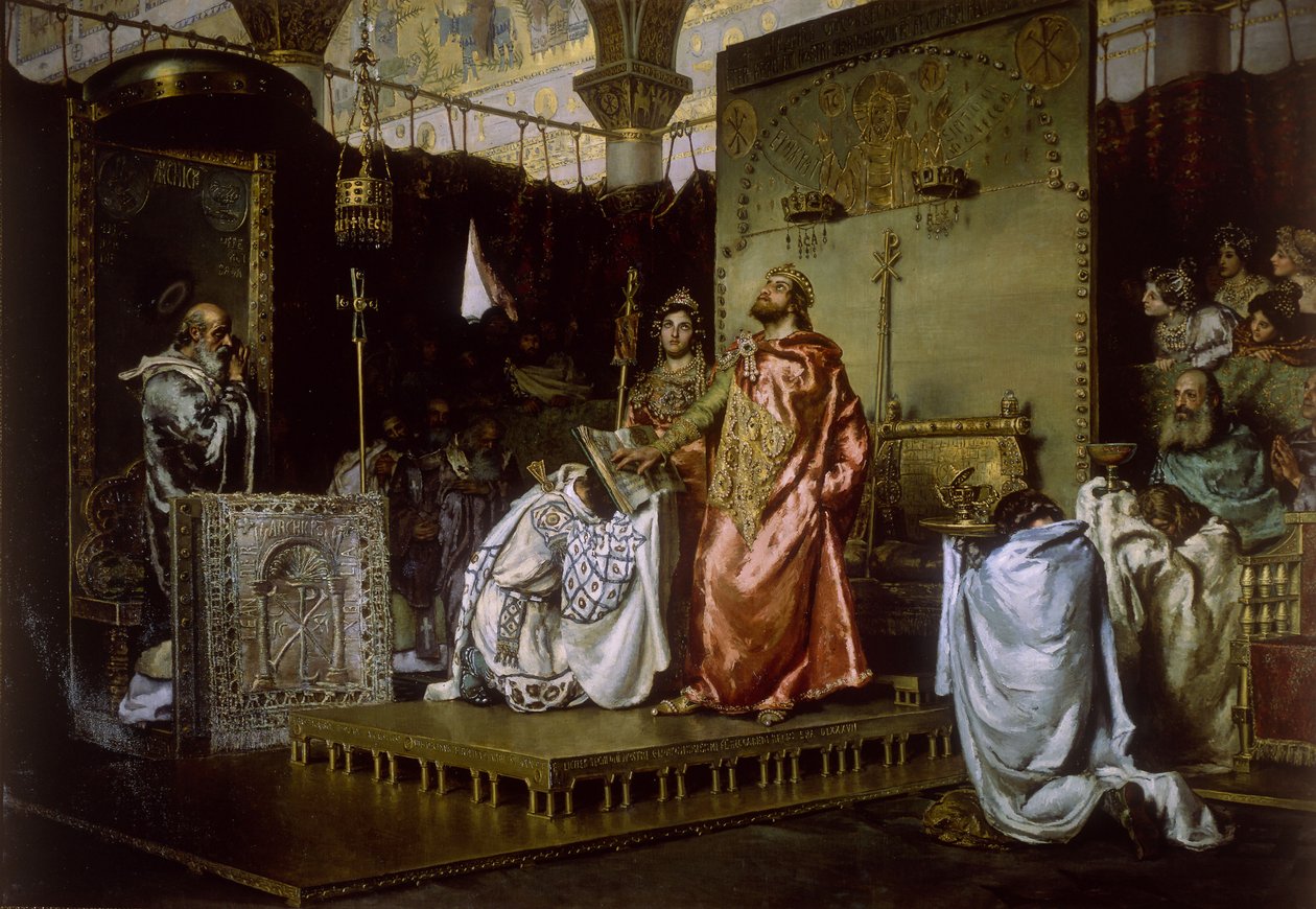 Reccaredin kääntyminen katolilaisuuteen Toledon III kirkolliskokouksessa, 589, 1888 tekijältä Antonio Munoz Degrain
