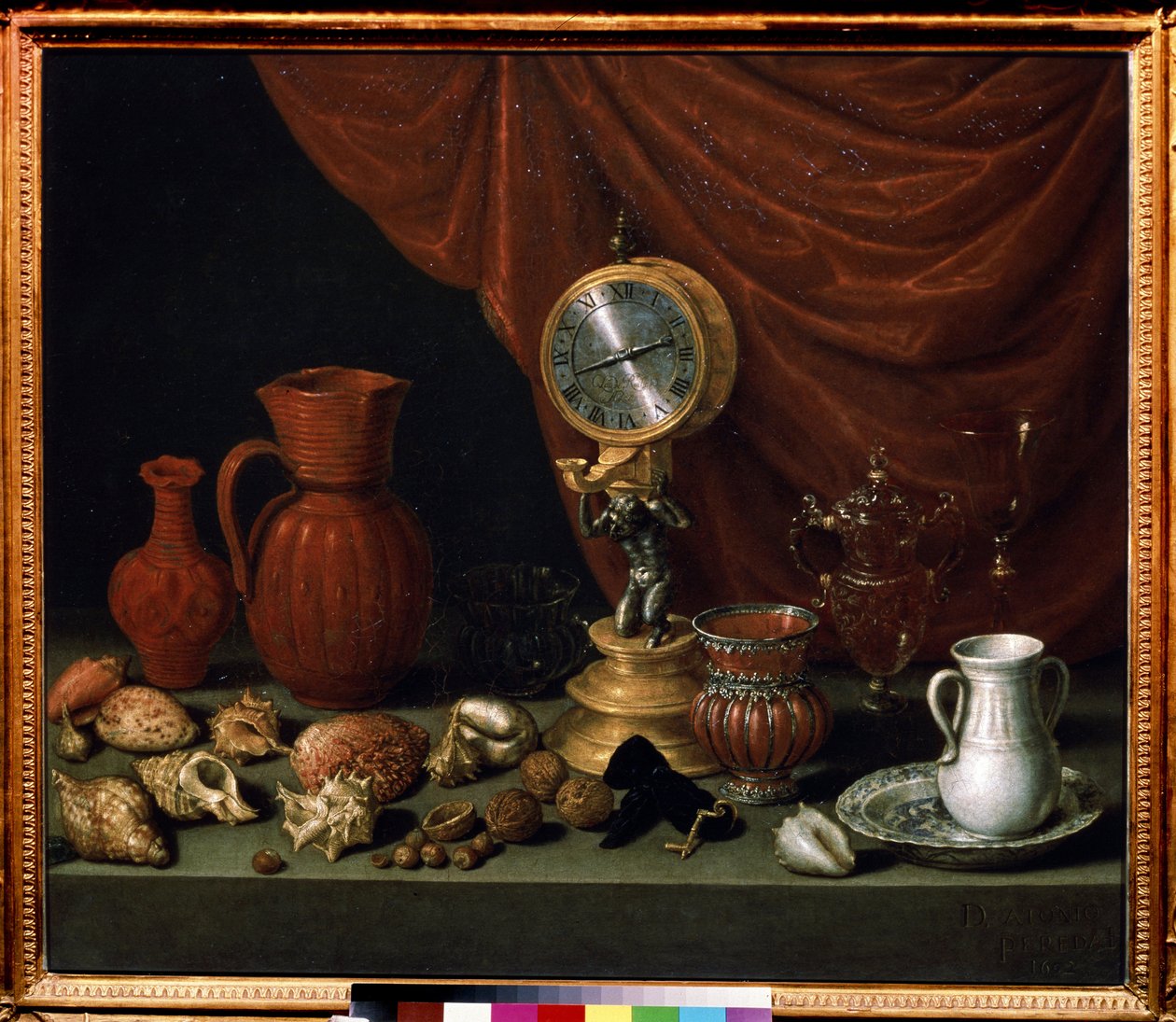 "Asetelma kellolla" Heiluri, kannu, kuoret, pähkinät, kristallilasi. Antonio de Pereda y Salgadon (1611-1678) maalaus 1652 Pushkin-museo, Moskova tekijältä Antonio Pereda y Salgado