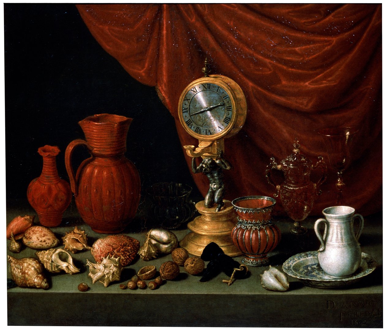 Asetelma kellon kanssa, 1652. tekijältä Antonio Pereda y Salgado