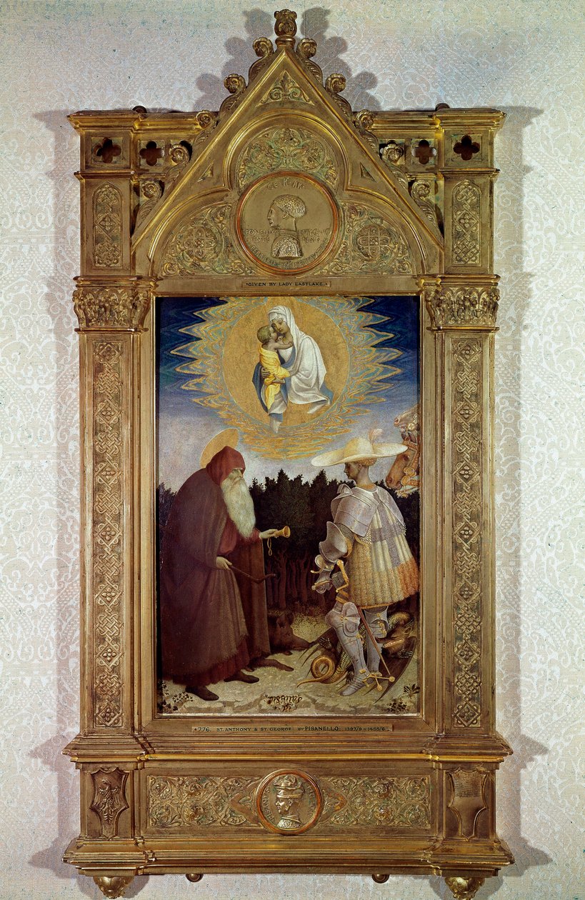 Neitsyt ilmestys Saint Anthony Abbelle (Pyhä Anthony Suuri (250/251-356) (tai Saint Anthony Erakko) ja Pyhälle Yrjölle. Antonio di Puccio Pisano dit Pisanello (1395-1455) maalaus tekijältä Antonio Pisanello