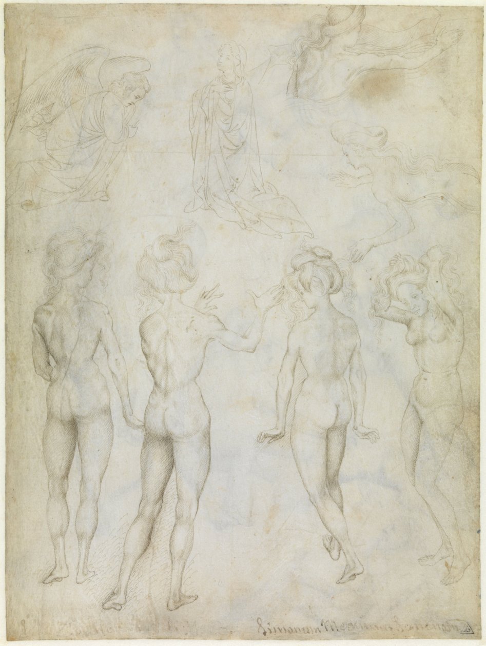 Neljä alastonkuvaa naisesta, Marian ilmestys ja kaksi uivaa naista, n.1425 (metalpoint, kynä ja lyijykynä ruskealla pergamentilla). tekijältä Antonio Pisanello