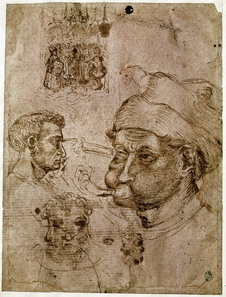 Neljä miehen päätä, joista kahdella on kolme kasvoa. Alttaritaulu. Hevonen. Piirustuksia Antonio di Puccio Pisano dit Pisanellon (1395-1455) työpajasta. Ruskea muste, kynä (piirustus), veri. Mitat: 27,1 x 20,5 cm. Louvre, Cabinet des Medailles. tekijältä Antonio Pisanello