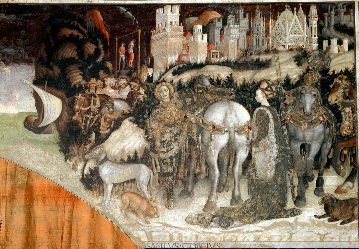 Pyhä Yrjö purkaa Trebizonden prinsessan yksityiskohtia. Antonio Pisanon fresko nimeltä Pisanello (n. 1380-1455) 1436-1438 Verona, Sant 