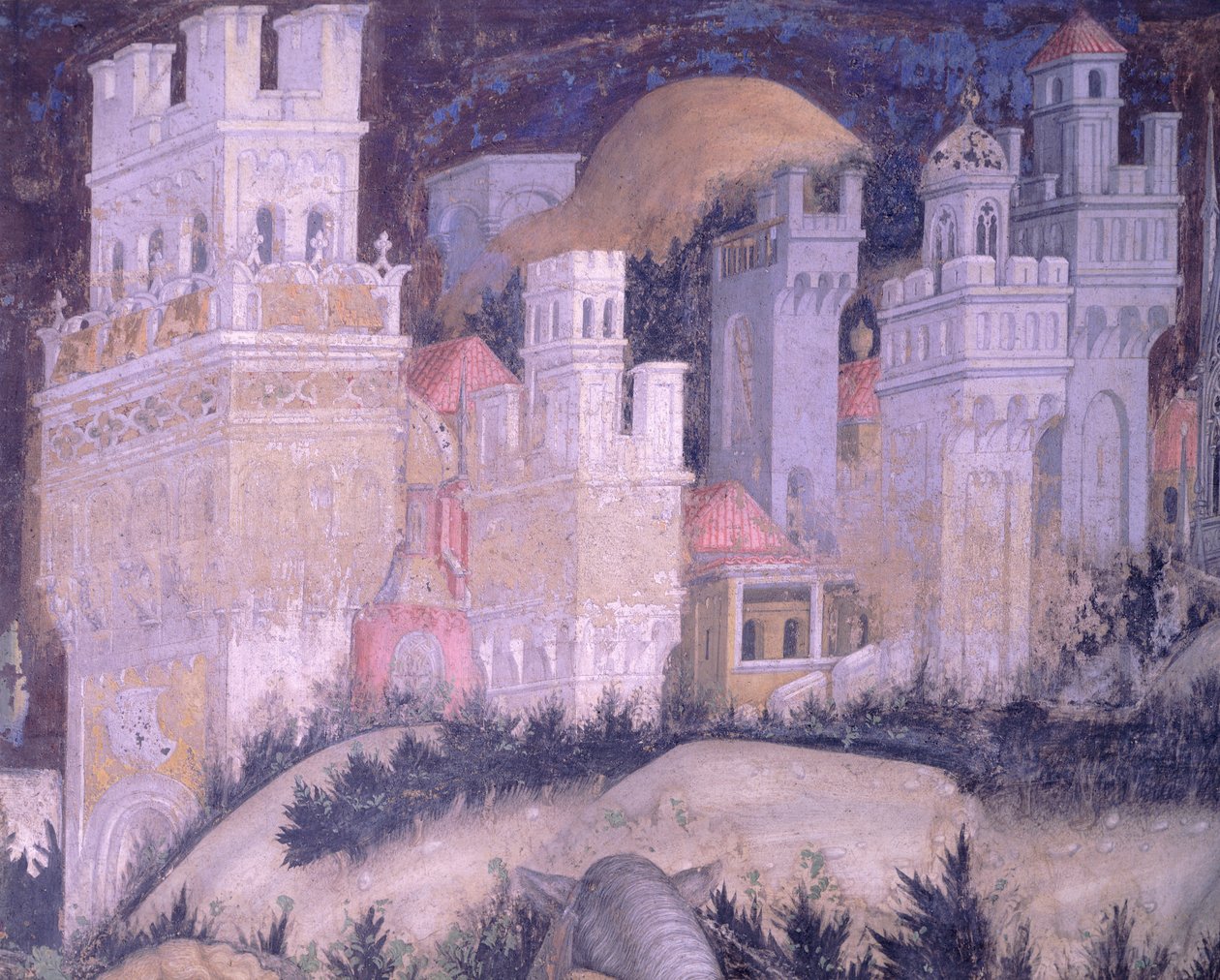 Pyhä Yrjö ja prinsessa, tornitettu kaupunki, Antonio Pisanello (1395-1455), fresko, Pyhän Anastasian basilika, Verona tekijältä Antonio Pisanello