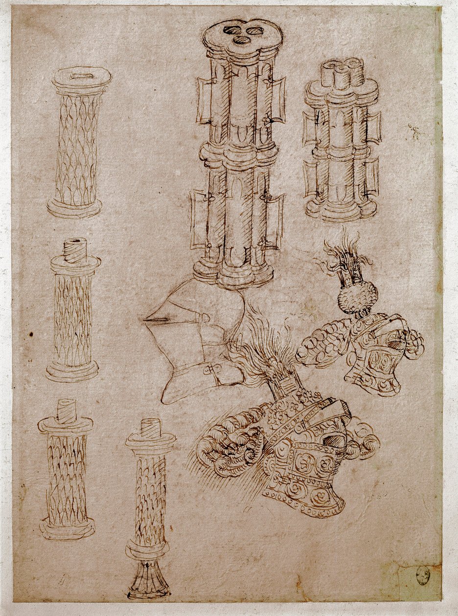 Kolme kypärää, joissa oli tulppa, ja kaksi aseiden kappaletta purettiin. Piirustus Antonio di Puccio Pisano dit Pisanello (1395-1455) Ruskea muste, musta kivi, höyhen. Mitat: 28,7 x 20,6 cm. Louvre, piirustustoimisto tekijältä Antonio Pisanello