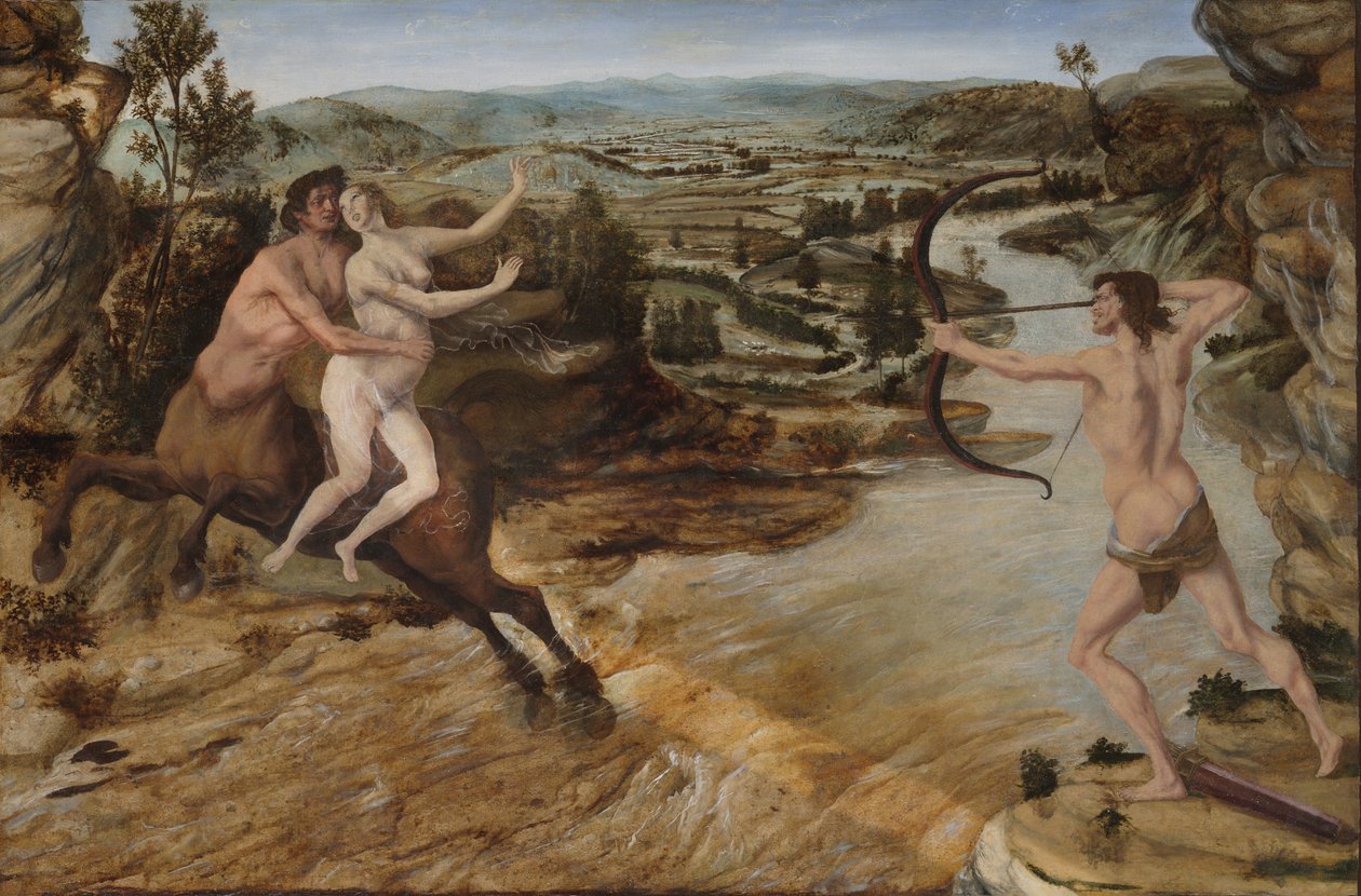 Hercules ja Deianira, n. 1475-1480 (öljy paneelille siirretty kankaalle) tekijältä Antonio Pollaiuolo