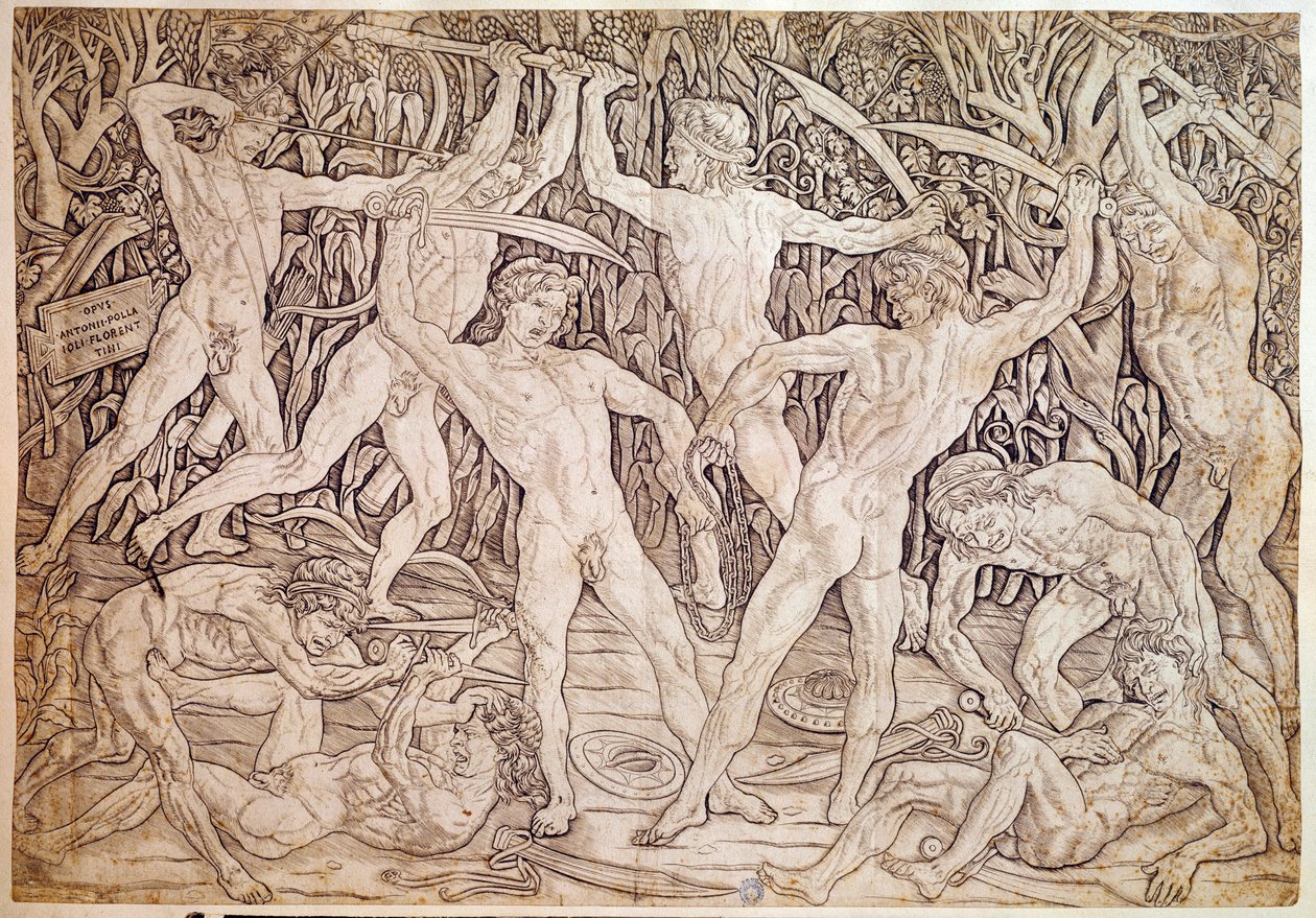 Alastomat miehet tappelevat. Kaiverrus Antonio Pollaiuolo (Pollaiolo) (1432-1498) tekijältä Antonio Pollaiuolo