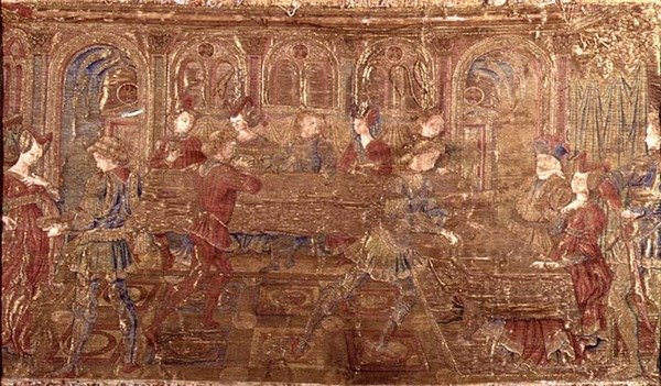 The Conviction of Herodes, kuvakudos, joka kuvaa kohtauksia pyhimyksen elämästä (tekstiili) tekijältä Antonio Pollaiuolo
