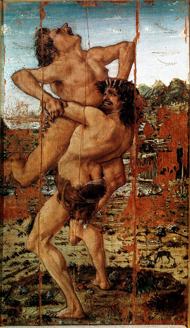 Herculesin kaksitoista teosta: "" Herakles (Herkules) nostaa jättiläistä ante"" Antonio Bencin maalaus nimeltä Pollaiolo (Pollaiuolo) (1431-1498) tekijältä Antonio Pollaiuolo