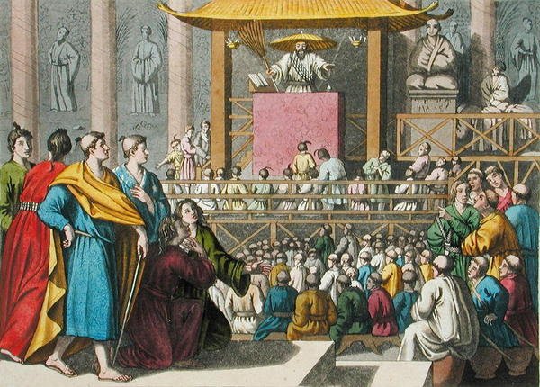Japanilainen ennustaja saarnaa, levy 82 Jules Ferrarion teoksesta "Le Costume Ancien et Moderne", julkaistu 1820-30-luvuilla (värilitho) tekijältä Antonio Rancati