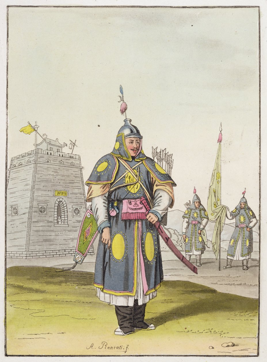 Kiinalainen sotilas täydessä taistelupuvussa, kuvitus Giulio Ferrarion teoksesta "Le Costume Ancien et Moderne", julkaistu noin 1820-30-luvulla tekijältä Antonio Rancati