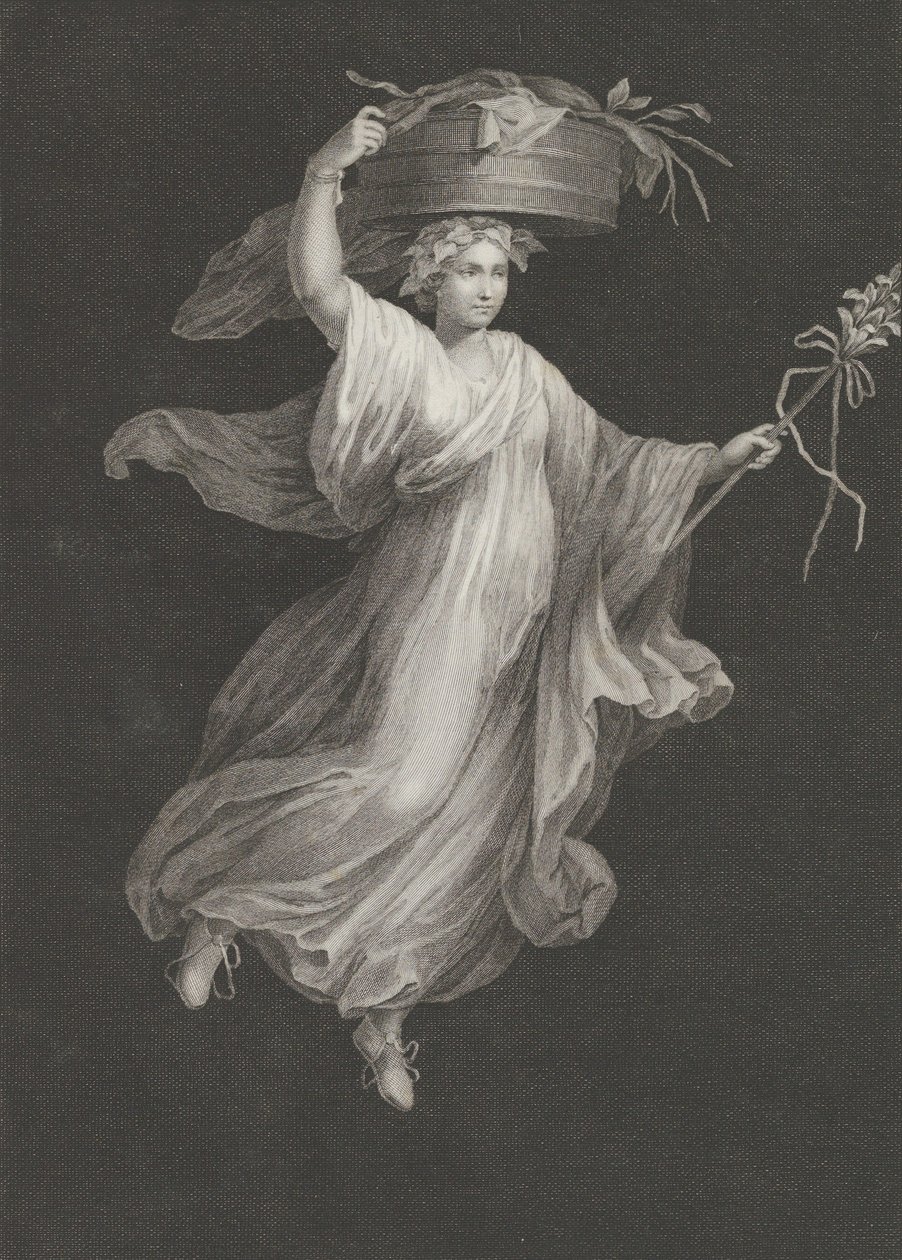 Bacchante kantaa suurta koria päässään ja pitelee sauvaa..., n. 1795-n. 1820. tekijältä Antonio Ricciani