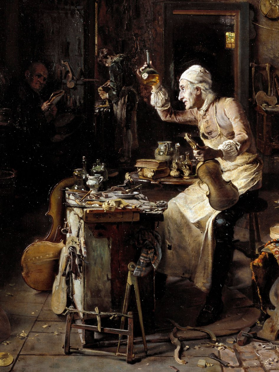 Yksityiskohta: "" italialainen luthari Stradivarius (1644-1737) työpajassaan"" Antonio Rinaldin maalaus (1800-luku) 1886 Cremone, Museo Civico tekijältä Antonio Rinaldi