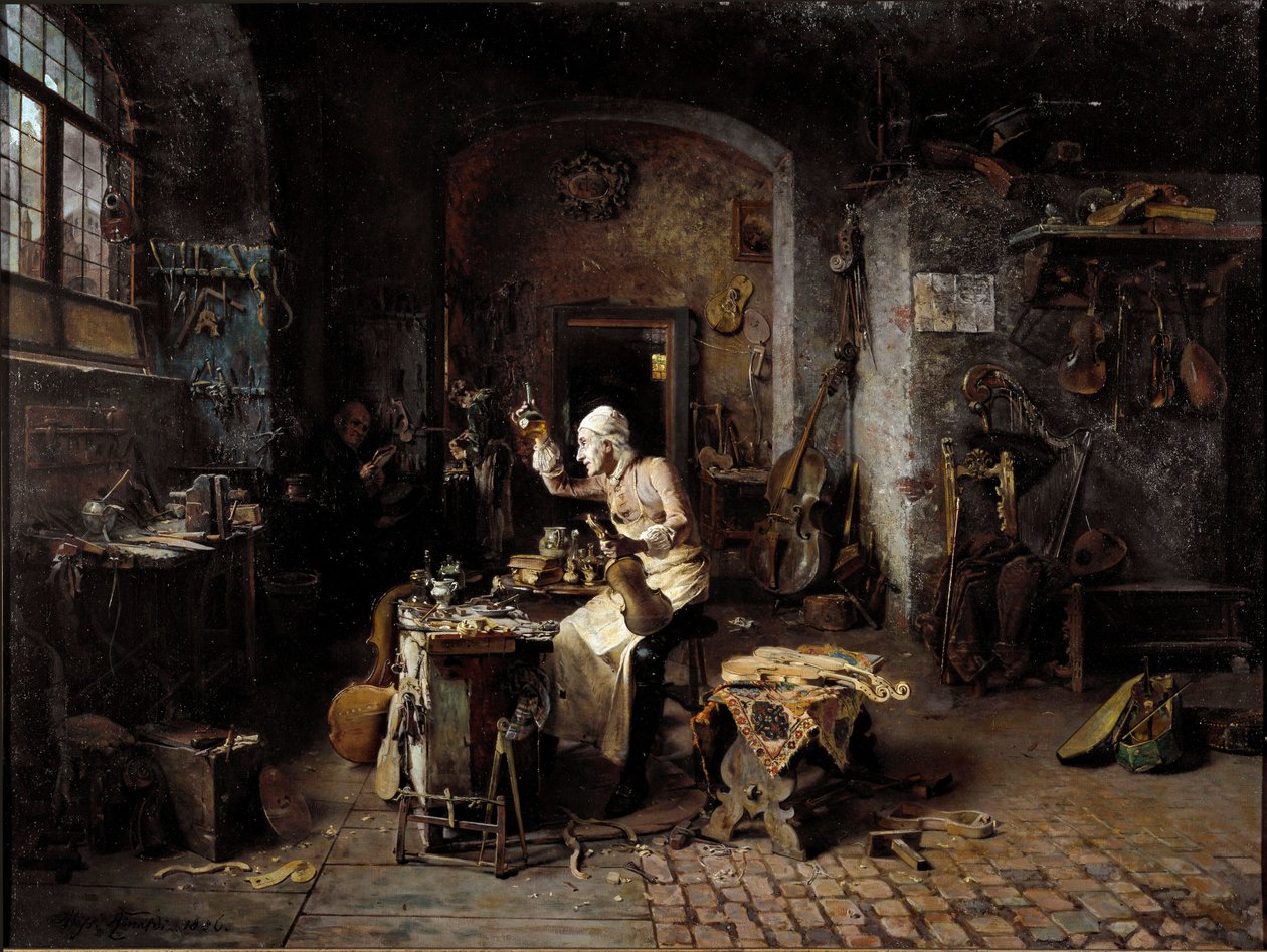 Italialainen lutsari Antonio Stradivari (Stradivarius) (1644-1737) työpajassaan tekijältä Antonio Rinaldi