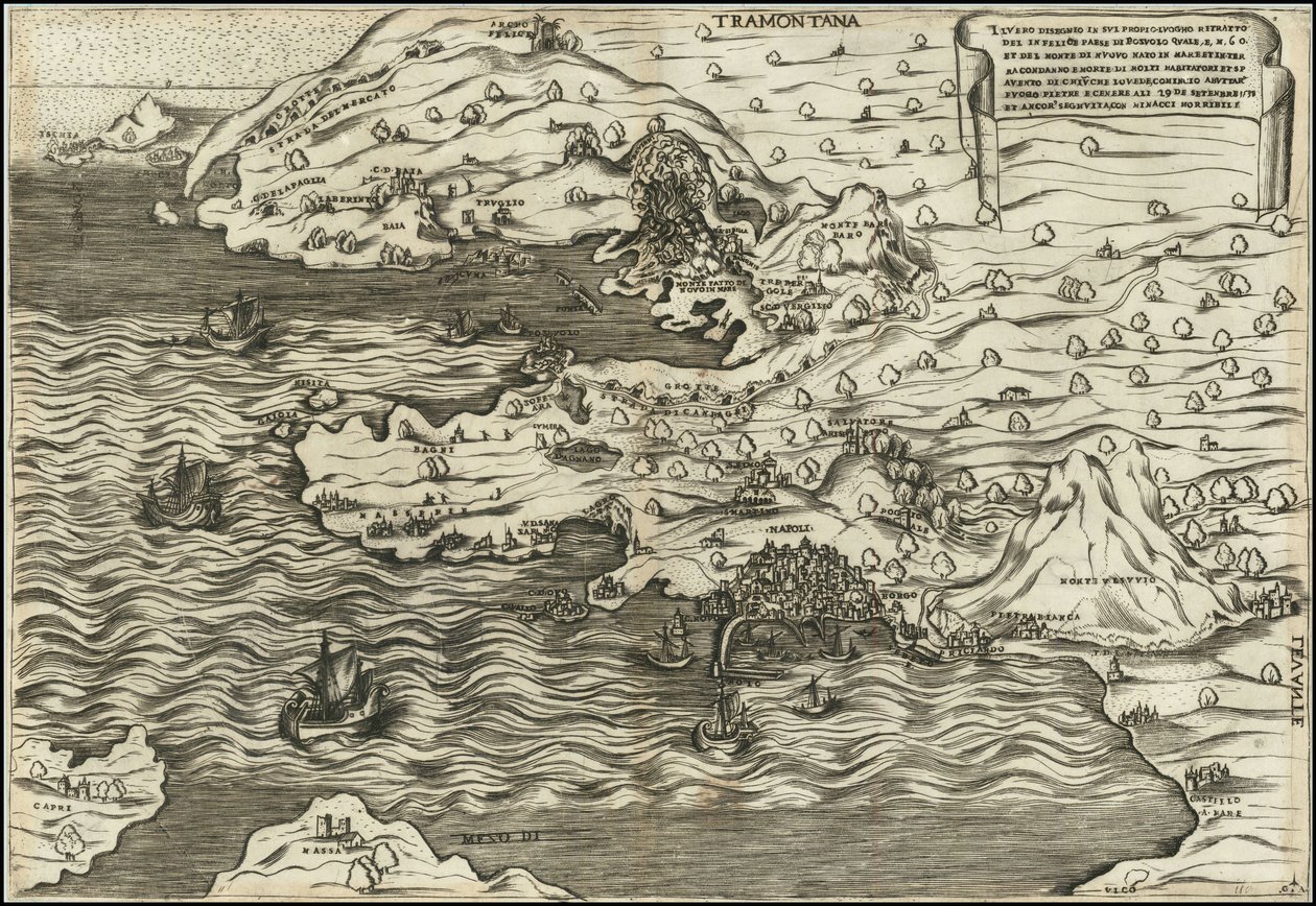 Antonio Salamanca 1538 Il Vero Disegnio In Sui Propio Luogho Ritratto Del In Felice Paese Di Posuolo Quale E. M. 60 et del Monte di Nuovo Nato In Mare Et In Terra , , , 29 de Setenbre 1538 tekijältä Antonio Salamanca