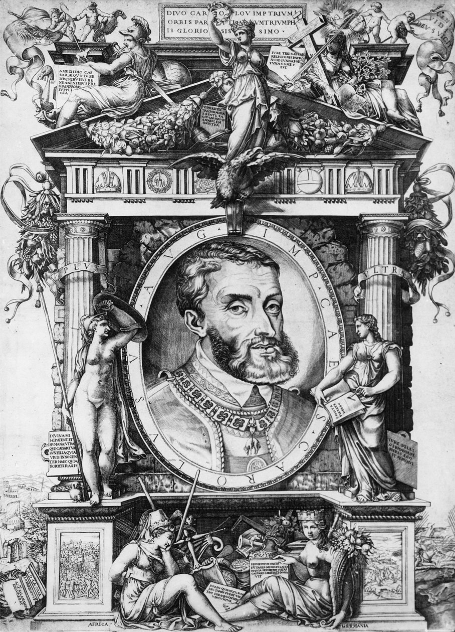 Kaarle V:n (1500-68), Pyhän Rooman keisarin muotokuva (kaiverrus) (bw kuva) tekijältä Antonio Salamanca