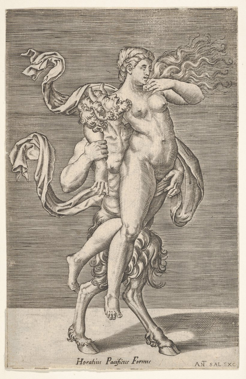Satyyri kantaa nymfiä, jonka oikea käsi on kietoutunut satyyrin kaulan ympärille..., n. 1505-62. tekijältä Antonio Salamanca