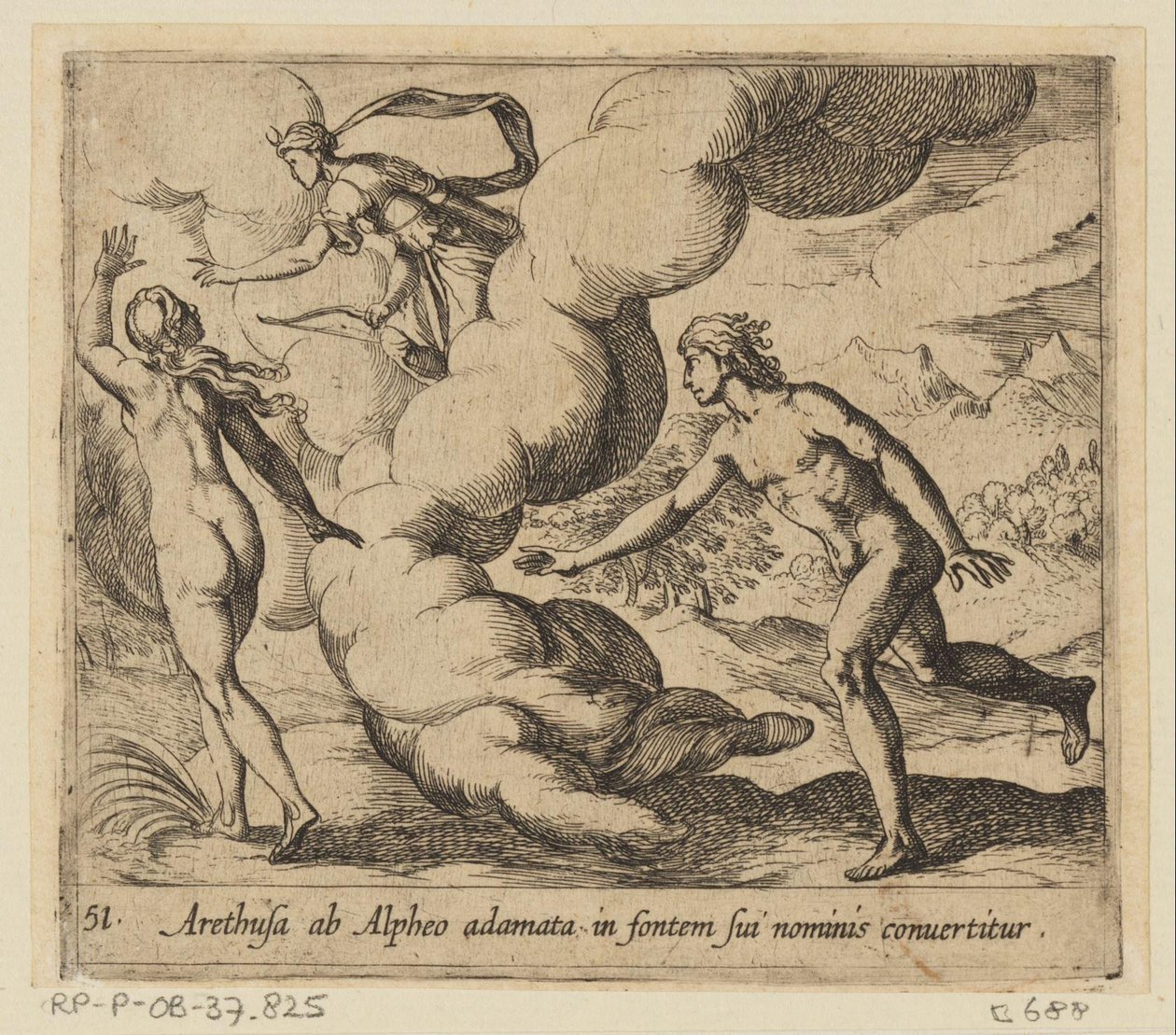 Arethusa wordt achtervolgd oven Alpheus Alfeukseen rakastunut Arethusa muuttuu hänen nimensä lähteeksi (otsikko esineessä) Metamorfoosi tai muunnokset (sarjan nimi) Metamorfosen van Ovidius (sarjan nimi) tekijältä Antonio Tempesta