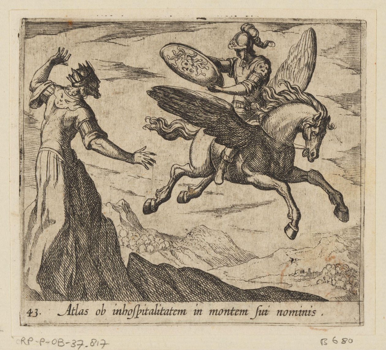 Atlas muuttui vuoreksi Atlas epävieraanvaraisuuden vuoksi hänen nimellään olevalla vuorella (otsikko esineessä) Metamorfoosi tai muunnokset (sarjan nimi) Metamorfosen van Ovidius (sarjan nimi) tekijältä Antonio Tempesta